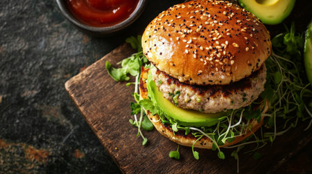 Top view of a turkey burger with avocado slices and sprouts, on a wooden board.の素材