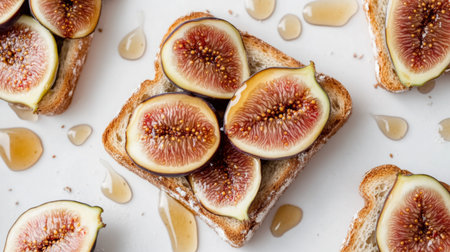 Top view of honey toast with fresh figs and a drizzle of honey, set against a white background.の素材