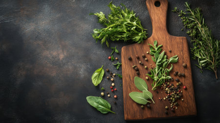 Top view of a cutting board with scattered herbs, providing empty space for text.の素材
