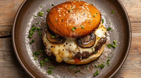Top view of a truffle burger with portobello mushrooms and melted provolone cheese, on a rustic plateの素材