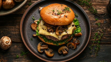Top view of a truffle burger with Swiss cheese mushrooms on a rustic plate.の素材