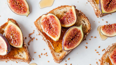 Top view of honey toast with fresh figs and a drizzle of honey, set against a white background.の素材