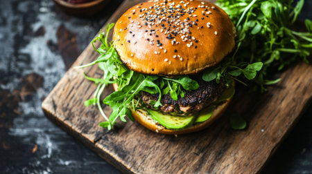 Top view of a vegan truffle burger with avocado and microgreens, on a wooden board.の素材