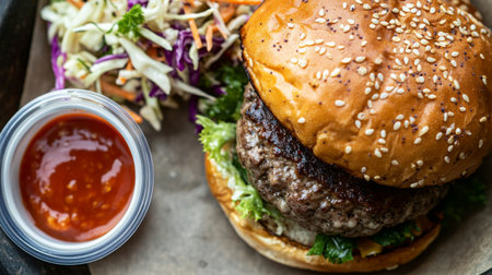 Top view of a truffle burger with a side of coleslaw and a small cup of dipping sauce.の素材