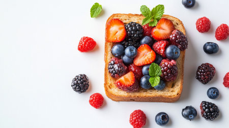 Top view of honey toast with mixed berries and mint leaves, against a white background.の素材
