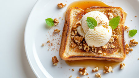 Top view of honey toast with crushed nuts and a scoop of ice cream, set against a white background.の素材
