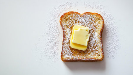 Top view of honey toast with a scoop of butter and a dusting of powdered sugar, set against a white background.の素材