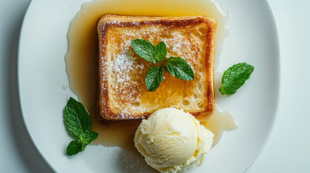 Top view of honey toast with a side of vanilla ice cream and fresh mint leaves, set against a white background.の素材