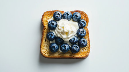 Top view of honey toast with blueberries and a dollop of whipped cream, set against a white background.の素材