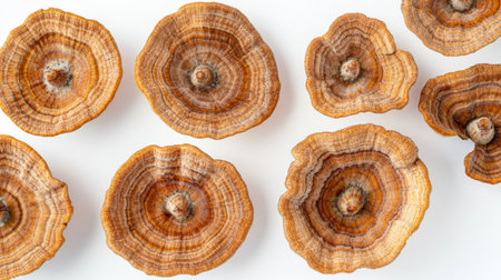 Top view of several turkey tail mushrooms, emphasizing their natural beauty on a white backgroundの素材