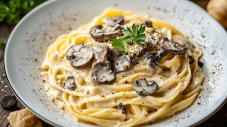 Truffle mushrooms on a bed of pasta with a creamy sauce, garnished with parsley.の素材