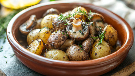 Truffle mushrooms on a dish of roasted potatoes and herbs, with a rustic presentation.の素材