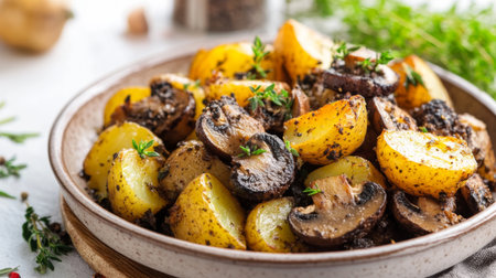 Truffle mushrooms on a dish of roasted potatoes and herbs, with a rustic presentation on a white background.の素材