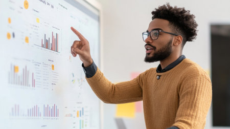 Young professional confidently leading a team meeting, pointing at charts and graphs on a whiteboard.の素材