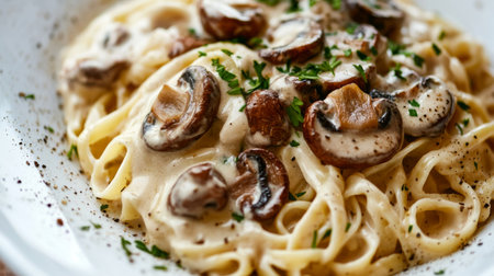 Truffle mushrooms on a bed of pasta with a creamy sauce, garnished with parsley.の素材