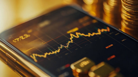 Zoomed-in image of a gold price chart on a mobile device, showcasing recent trends.の素材
