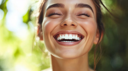 Woman with a radiant smile and sparkling teeth, laughing joyfully outdoors.の素材