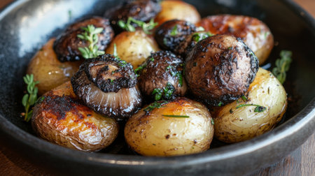 Truffle mushrooms on a dish of roasted potatoes and herbs, with a rustic presentation.の素材