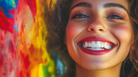 Woman with stunning teeth and a warm smile, set against a colorful background.の素材