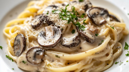 Truffle mushrooms on a bed of pasta with a creamy sauce, garnished with parsley.の素材