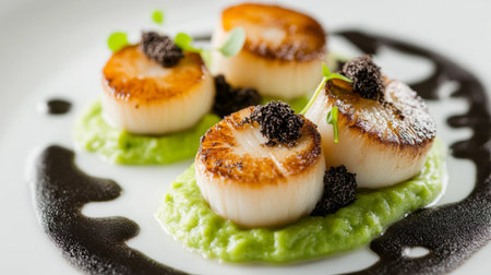 Truffle mushrooms on a fine dining plate of seared scallops and pea puree.の素材