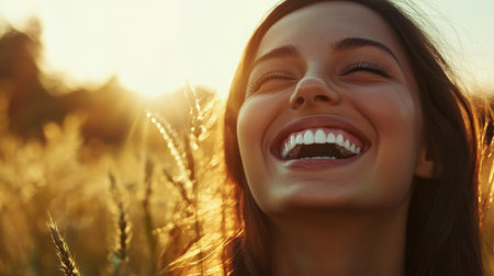 Woman with a radiant smile and sparkling teeth, laughing joyfully outdoors.の素材