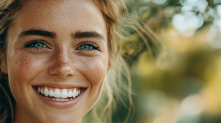 Woman with a stunning smile and perfect teeth, captured in a candid moment.の素材