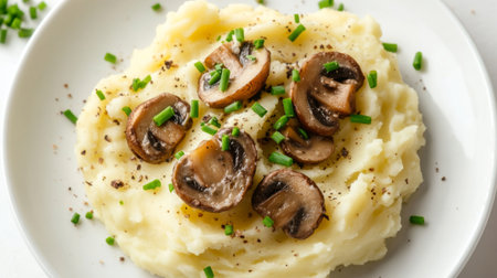 Truffle mushrooms on a serving of creamy mashed potatoes with a sprinkle of chives, on a white background.の素材