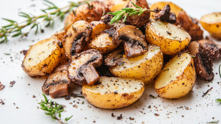 Truffle mushrooms on a dish of roasted potatoes and herbs, with a rustic presentation on a white background.の素材