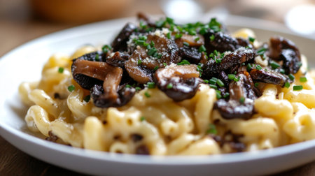 Truffle mushrooms on a plate of gourmet mac and cheese, with a sprinkle of chives.の素材