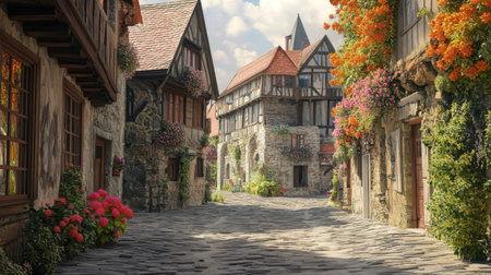 3D illustration of a charming European village with cobblestone streets and historic buildings.の素材