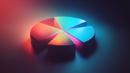3D financial pie chart with radiant, glowing segments and a high-contrast background.の素材
