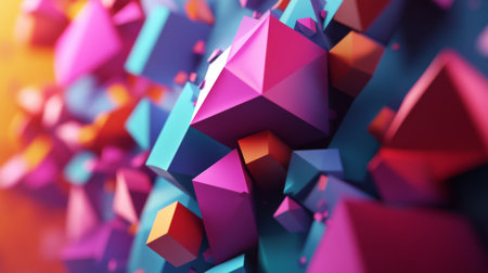 3D composition with dynamic, colorful polygonal shapes in motion, creating an energetic vibe.の素材