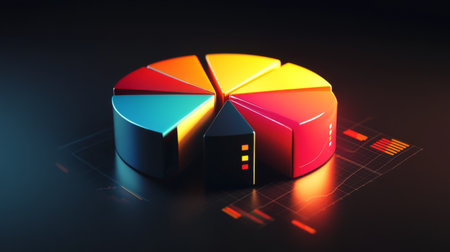 3D pie chart with radiant, glowing segments representing financial data on a dark background.の素材