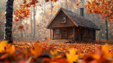 3D illustration of a cozy cabin in the woods surrounded by colorful autumn leaves.の素材