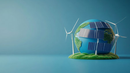 3D globe with solar panels and wind turbines on a blue background, symbolizing green energyの素材