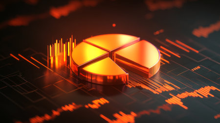 3D financial pie chart with radiant, glowing segments and a high-contrast background.の素材