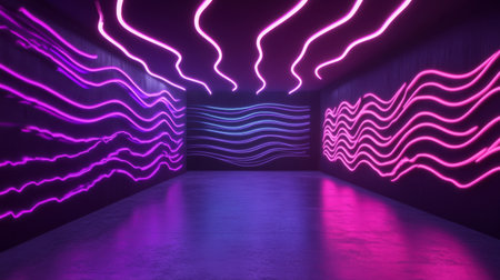 3D illustration of a room with black walls and neon lights in dynamic, flowing patterns.の素材