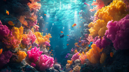 3D illustration of a vibrant underwater scene with colorful coral reefs, fish, and a scuba diver.の素材