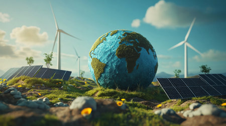 3D globe with solar panels and wind turbines, emphasizing global renewable energy.の素材