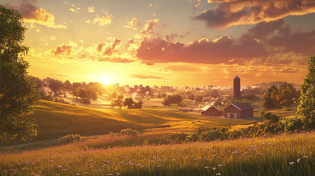 3D illustration of a peaceful countryside scene with rolling hills, a farm, and a sunset sky.の素材