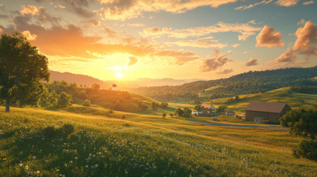 3D illustration of a peaceful countryside scene with rolling hills, a farm, and a sunset sky.の素材