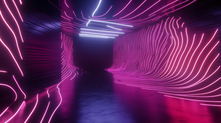 3D illustration of a room with black walls and neon lights in dynamic, flowing patterns.の素材