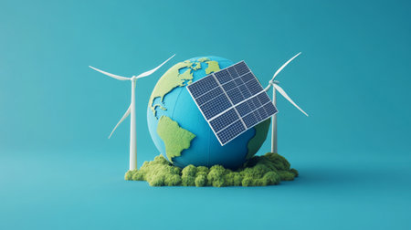 3D globe with solar panels and wind turbines on a blue background, symbolizing green energyの素材