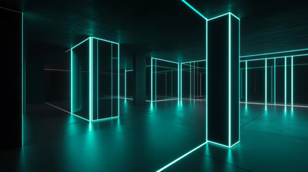 3D model of a room with black walls illuminated by neon blue and green linesの素材