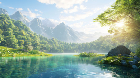 3D rendering of a serene mountain landscape with a crystal-clear lake and lush greenery.の素材