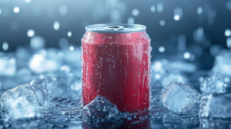 A can of cold drink embedded in ice cubes, condensation dripping down, giving a chilled and invigorating appearance.の素材