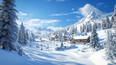 3D rendering of a winter wonderland with a snowy landscape, ski resort, and pine trees.の素材