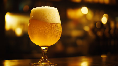 A glass of golden beer with a frothy top, bathed in warm, soft light, exuding a cozy and inviting vibe.の素材