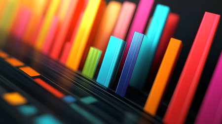 Abstract 3D financial graph with colorful bars and lines, showcasing financial trends.の素材